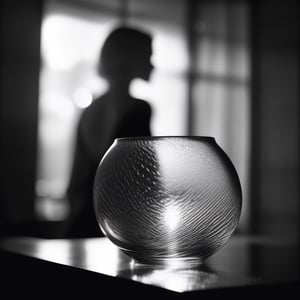 black and white photography of transluscent polished glass with grain, behind the glass stands a blurry young woman silouhette medium shot dynamic backlit


