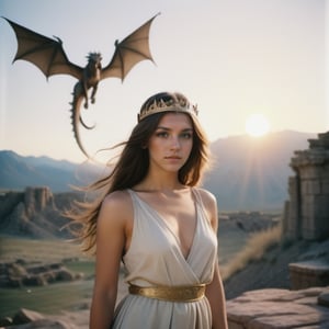 35mm film photography, beautiful woman, toga, long hair, tiara background desert dragon flying, medieval ruins, rocky mountains, sunset, detailed, epic lighting,