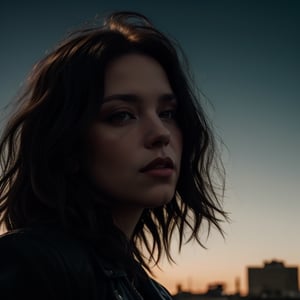 vintage portrait photography of female rockstar, posing for her album artwork, long dark hair, rebel atitude, shallow urban background, golden hour, cinematic lighting, slightly desaturated
