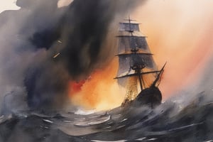 abstract watercolor painting, by Kupka, by Alan Lee, pirate ship in the storm, sunset, tempest, waves, Paint strokes, paint knife, crackles,pretopasin