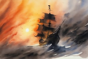 abstract watercolor painting by Zao-Wou-Ki, pirate ship in the storm, sunset, tempest, waves, Paint strokes, paint knife, crackles,pretopasin