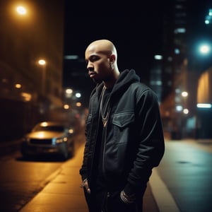 outdoor photograph of male hip-hop rapper, bald dynamic, rebel attitude, shallow background, night, city lights, epic lighting

