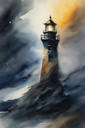 abstract watercolor painting by Zao-Wou-Ki, old stone lighthouse in the storm, night, moon, tempest, waves, moonlight, dark colors, Paint strokes, brush strokes, abstract, crackles,pretopasin