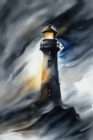 abstract watercolor painting by Zao-Wou-Ki, old stone lighthouse in the storm, night, tempest, waves, moonlight, dark colors, Paint strokes, brush strokes, abstract, crackles,pretopasin