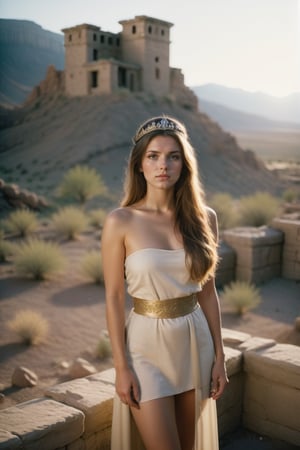 35mm film photography, wide shot, full body beautiful woman, toga, looking away, long hair, tiara, background (desert), medieval ruins, [rocky mountains], sunset, detailed, epic lighting, golden hour