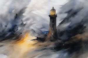 abstract watercolor painting by Zao-Wou-Ki, renaissance harbour, arsenal, lighthouse, dockers, storm, night, moonlight, tempest, waves, Paint strokes, paint knife, crackles,pretopasin