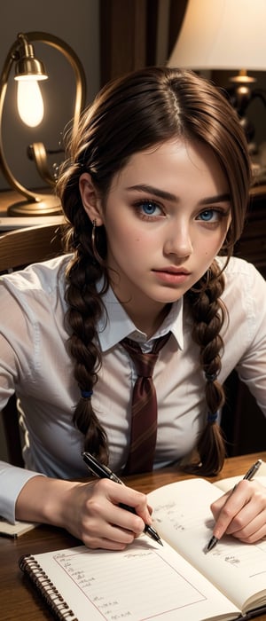 Best quality, masterpiece,  solo, perfect face, perfect eyes, brown hair, long braids, shirt, tie, lamp, table, pen, notebook, writing in notebook, looking at viewer