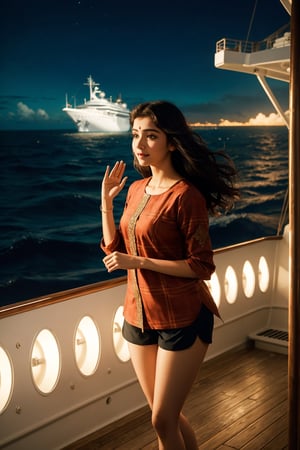 ((A breathtaking scene of a young and beautiful Indian woman, adorned in traditional attire, standing confidently on the deck of a grand ship, at night time:1.3, fireworks:1.4, Her long, flowing hair dances in the salty sea breeze as she waves her delicate hand goodbye, wearing casual attire:1.4, her expression a bittersweet mixture of sorrow and hope. Directing her gaze towards a lush, tropical island in the distance, she seems to be saying her final farewells to the land she has known and loved, while gentle waves lap against the hull of the ship. A sense of adventure and anticipation fills the air as she prepares to embark on a new journey, leaving behind all that she knows for the unknown mysteries that await her on the island)). , (young and stunningly beautiful woman:1.4), (perfect figure:1.4), (sweet smile), (intricate details:1.4), (add aesthetics details), cinematic shot, dynamic lighting, 75mm, Technicolor, Panavision, cinemascope, sharp focus, fine details, 8k, HDR, realism, (realistic), key visual, film still, superb cinematic color grading, depth of field, natural beauty, (clothing tucked in:1.4),(masterpiece-anatomy-perfect), (showing thigh) and, (wearing shorts pants)