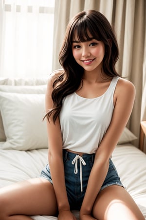 A beautiful and young Latina women sitting on her bed, her skin glistening in the soft light that filters through her lace curtains. She has long, silky black hair styled into bangs that frame her face, or "Bob bangs" as she likes to call them. She wears a cozy white tank top and a pair of comfy cotton shorts, her toes painted a bright shade of pink., her lips curved into a sweet, dreamy smile as she dreams of her favorite things her friends, family, and the sweetest things in life.