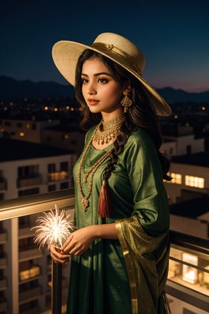 A beautiful Indian woman, her dark hair flowing down, adorned with intricate braids and sparkling jewelry. Her olive skin glows against the warm light of the New Year's Eve celebration. Wearing casual attire:1.4, She stands in the balcony of a lavish apartment, overlooking a bustling street below, where people have gathered to witness the awe-inspiring fireworks display. The woman is dressed in a cozy and comfy attire, typical of Indian celebrations, consisting of a loose-fitting kurta and matching bottoms. She accessorizes her ensemble with a traditional New Year's hat, adorned with colorful ribbons and sparkling tassels, as well as a strand of glowing necklaces around her neck., cinematic shot, dynamic lighting, 75mm, Technicolor, Panavision, cinemascope, sharp focus, fine details, 8k, HDR, realism, realistic, key visual, film still, superb cinematic color grading, depth of field, natural beauty