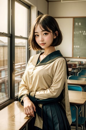 A stunning image of a happy teenage girl with a stylish bob haircut and a shy, innocent expression posing elegantly in a classroom during the afternoon. She's wearing the traditional Japanese school uniform consisting of a sailor-style top and pleated skirt. Her hair falls neatly around her shoulders, framing her beautiful face. The light streaming in through the window casts a warm, golden glow on her skin, accentuating her natural beauty. Her eyes are cast downwards, her lips closed, conveying her modesty and shyness. Her voluptuous figure is accentuated by the way she's standing with her shoulders slightly hunched and her arms wrapped around herself for warmth. The wooden desks and chairs in the background provide a contrast to her nudity, while also adding an element of familiarity and normalcy. The level of detail in this image is truly breathtaking, making it appear as if the subject is actually present before the viewer.