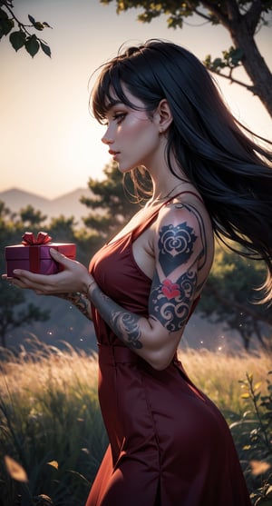 A stunning close-up top shot of a ravishing young woman from the 1960s, wearing a striking red wool dress ensemble, set against the serene backdrop of an open meadow at dusk. Fireflies dance in the air as she stands confidently, her pose exuding effortless elegance. The Hasselblad medium format camera captures every detail with precision and clarity, framing her beautiful face and lithe figure amidst the soft glow of twilight.((gift:1.4)), (anniversary celebration :1.4), (tattoo:1.4)