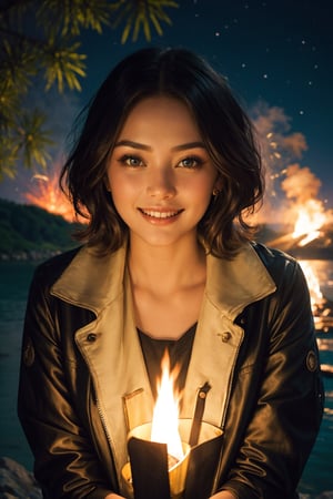 (A breathtaking scene of a beautiful ranggoli lady celebrating New Year's Eve while camping near a serene beach. The girl, adorned in luxurious camping attire and jacket:1.4,bob haircut, stands with her arms stretched wide, basking in the warm glow of the campfire. The fire's dancing flames cast flickering shadows across her face, firework, emphasizing her joyous expression. In the distance, colorful fireworks light up the night sky, painting it with hues of red, blue, and gold. The girl's eyes sparkle as she gazes up at the mesmerizing display, her lips curling into a contented smile. Surrounding her are the gentle lapping waves of the lake, the soft rustling of trees in the breeze, and the intoxicating scent of smoke from the fire. The starry sky above completes the idyllic setting, making this an unforgettable and magical New Year's Eve celebration)., (young and stunningly beautiful woman:1.4), (perfect figure:1.4), (sweet smile), (intricate details:1.4), (add aesthetics details), cinematic shot, dynamic lighting, 75mm, Technicolor, Panavision, cinemascope, sharp focus, fine details, 8k, HDR, realism, (realistic), key visual, film still, superb cinematic color grading, depth of field, natural beauty, (clothing tucked in:1.4),(masterpiece-anatomy-perfect),. (wearing tight pants),(close-up portrait:1.4),