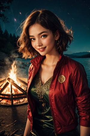 (A breathtaking scene of a beautiful ranggoli lady celebrating New Year's Eve while camping near a serene beach. The girl, adorned in luxurious camping attire and jacket:1.4,bob haircut, stands with her arms stretched wide, basking in the warm glow of the campfire. The fire's dancing flames cast flickering shadows across her face, firework, emphasizing her joyous expression. In the distance, colorful fireworks light up the night sky, painting it with hues of red, blue, and gold. The girl's eyes sparkle as she gazes up at the mesmerizing display, her lips curling into a contented smile. Surrounding her are the gentle lapping waves of the lake, the soft rustling of trees in the breeze, and the intoxicating scent of smoke from the fire. The starry sky above completes the idyllic setting, making this an unforgettable and magical New Year's Eve celebration)., (young and stunningly beautiful woman:1.4), (perfect figure:1.4), (sweet smile), (intricate details:1.4), (add aesthetics details), cinematic shot, dynamic lighting, 75mm, Technicolor, Panavision, cinemascope, sharp focus, fine details, 8k, HDR, realism, (realistic), key visual, film still, superb cinematic color grading, depth of field, natural beauty, (clothing tucked in:1.4),(masterpiece-anatomy-perfect),. (wearing tight pants),(close-up portrait:1.4),