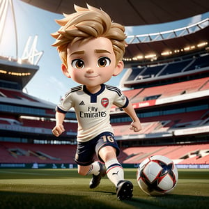 A little boy dressed as Martin Odegaard, full body, chibi , action pose, best quality, masterpiece, details), Emirates stadium field in the background, volumetric lighting, dynamical lighting, reflection, reflective textures, depth of field, dramatic shadows, chibi style, highly intricate, highly detailed, highly textured hair, highly textured skin, highly textured clothing, quality render, Red shirt, white pants