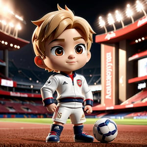 A little boy dressed as Martin Odegaard, full body, chibi , action pose, best quality, masterpiece, details), Emirates stadium field in the background, volumetric lighting, dynamical lighting, reflection, reflective textures, depth of field, dramatic shadows, chibi style, highly intricate, highly detailed, highly textured hair, highly textured skin, highly textured clothing, quality render, Red shirt, white pants