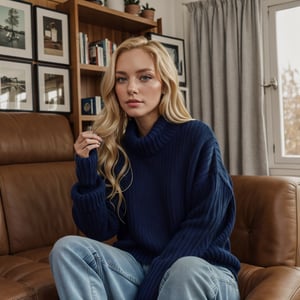 1girl called Sarah with ((long blonde hair)), looking at the camera, ((inside cozy 1960s home)), sitting on darkbrown leather couch, instagram model, 80mm, ((oversized darkblue sweater)), ((slim jeans))
