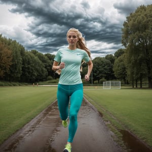 1girl called Sarah with ((long blonde hair)), looking at the camera, in athletic clothing,running on gravel, outside in a park, ((heavy rain)),((clouds)), instagram model, 80mm, ((aqua legging)), (( light green shirt))