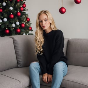 1girl called Sarah with ((long blonde hair)), looking at the camera, in penthouse, ((in jeans and black sweater)),  ((sitting on chesterfield couch)), next to christmas tree, ((red balls)),  instagram model, 80mm