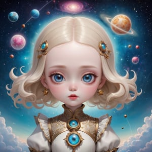 mark ryden, ray caesar, lowbrow style, masterpiece, best quality, highly detailed, sharp focus, dynamic lighting, vivid colors, texture detail, particle effects, storytelling elements, narrative flair, 16k, UE5, HDR, subject-background isolation, Nebula-Wandering Starchild, A cosmic traveler adorned with swirling galaxies and shimmering stardust, their eyes hold the secrets of the universe.