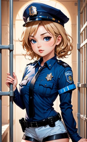 flat artwork 2d illustration, anime, chibi, contour, cel-shading, thick outlines, perfect masterpiece, best quality, pin-up art, bishoujo art, gravure art, a beautiful young girl police officer in jail precinct, perfect anatomy, she is sexy, nsfw, vintage, bad girl, glamorous and sensual style, beauty, femininity, allure