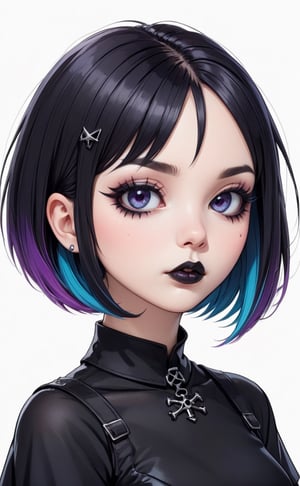kawaii cute goth girl in a cartoon style, 1girl,solo, upper body, looking at viewer, perfect eyes, white background, bob cut, short hair, multicolored hair, makeup , parted lips, black lips, eyeliner, gothic, goth girl
