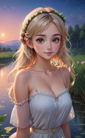 (masterpiece fairytale impressionism, best quality, night:1.3), Environmental portrait, a cute turkish girl, peach skin, lanky, small breasts, amused, wavy hair, ash blonde, elastic hair band, bronzer, wetland background, tundra, In-depth, trending on Pixiv, nsfw