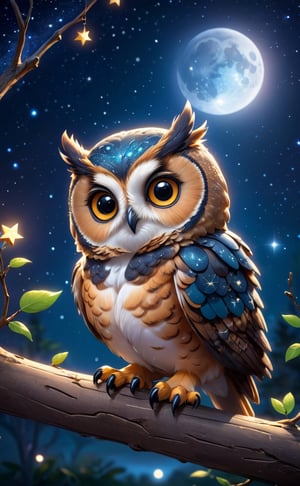 chibi, 1owl perched on a branch pondering the mysteries of the universe, beautiful starlit night, masterpiece, best quality, highly detailed, sharp focus, dynamic lighting, vivid colors, texture detail, particle effects, storytelling elements, narrative flair, 16k, UE5, HDR, subject-background isolation