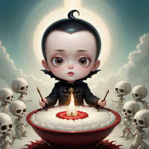 mark ryden, ray caesar, lowbrow style, masterpiece, best quality, highly detailed, sharp focus, dynamic lighting, vivid colors, texture detail, particle effects, storytelling elements, narrative flair, 16k, UE5, HDR, subject-background isolation, 1boy lucifer destroyer of happiness, reaper of sorrow, a darkness descending upon mankind