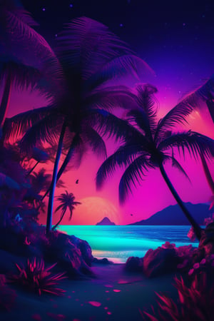 a photo of a tropical paradise with blacklight makeup, detailed, intricate, elegant, vibrant colors, masterpiece, cinematic, 8k