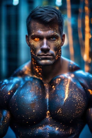 Portrait photo of muscular guy with blacklight makeup in a worn mech suit, light bokeh, intricate, (steel metal (rust)-)+, elegant, sharp focus, photo by greg rutkowski, soft lighting, vibrant colors, masterpiece, (streets)++, detailed face