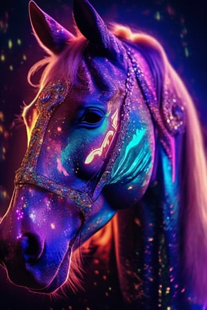 fantasy creature portrait| ethereal and enchanting| vibrant and surreal lighting| majestic pose, capturing the horse's strength| cosmic and otherworldly backdrop| iridescent shades with neon accents| psychedelic art| a horse adorned with intricate blacklight makeup