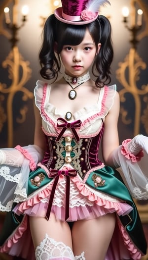 Photo-realistic image of a girl in a baroque-inspired Harajuku Lolita fashion with an emo twist. She wears a richly decorated dress featuring colorful lace, pink ruffles, and intricate embroidery. The bodice is adorned with velvet ribbons, ornate buttons, and brooches, while the voluminous skirt layers tulle and lace. Accessories include lace gloves, a cameo choker, and a mini top hat with feathers. The lighting highlights the intricate details, capturing her periorbital puffiness and the overall dramatic, layered composition.