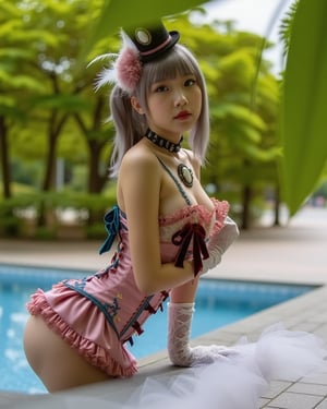 Photo-realistic image of a girl in a baroque-inspired Harajuku Lolita fashion with an emo twist. She wears a richly decorated dress featuring colorful lace, pink ruffles, and intricate embroidery. The bodice is adorned with velvet ribbons, ornate buttons, and brooches, while the voluminous skirt layers tulle and lace. Accessories include lace gloves, a cameo choker, and a mini top hat with feathers. The lighting highlights the intricate details, capturing her periorbital puffiness and the overall dramatic, layered composition.