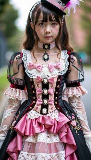 Photo-realistic image of a girl in a baroque-inspired Harajuku Lolita fashion with an emo twist. She wears a richly decorated dress featuring colorful lace, pink ruffles, and intricate embroidery. The bodice is adorned with velvet ribbons, ornate buttons, and brooches, while the voluminous skirt layers tulle and lace. Accessories include lace gloves, a cameo choker, and a mini top hat with feathers. The lighting highlights the intricate details, capturing her periorbital puffiness and the overall dramatic, layered composition.