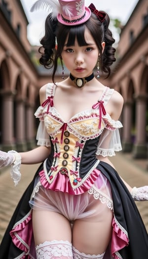 Photo-realistic image of a girl in a baroque-inspired Harajuku Lolita fashion with an emo twist. She wears a richly decorated dress featuring colorful lace, pink ruffles, and intricate embroidery. The bodice is adorned with velvet ribbons, ornate buttons, and brooches, while the voluminous skirt layers tulle and lace. Accessories include lace gloves, a cameo choker, and a mini top hat with feathers. The lighting highlights the intricate details, capturing her periorbital puffiness and the overall dramatic, layered composition.