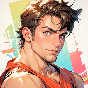 1990 retro japanese anime, male avatar, in the style of ilya kuvshinov, outrun, youthful protagonists, edward cucuel, cartoon-inspired pop, 26 years old boy, smirking, short hair, muscle stubble,High detailed 