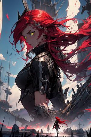 A girl, with long red hair, yellow eyes, mechanical pirate body. Beautiful city in a magnificent drawn sky.,missfortune,KATARINA