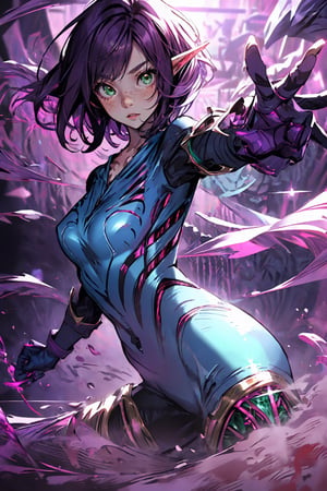 A female elf, short purple hair, emerald purple eyes, biotech onepiece suit, kai'sa from league of legends, cute expression, cute anime pixiv.,seraphine1,kai'sa