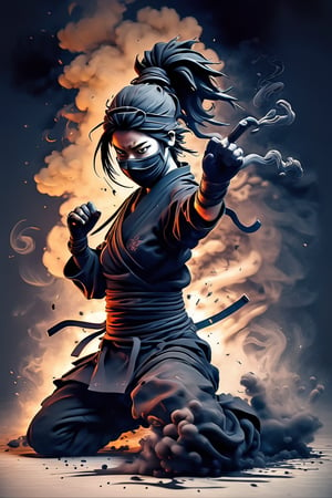 ink,ninja girl made of smokes, fighting pose, chaos, luminiscent, ink scenery