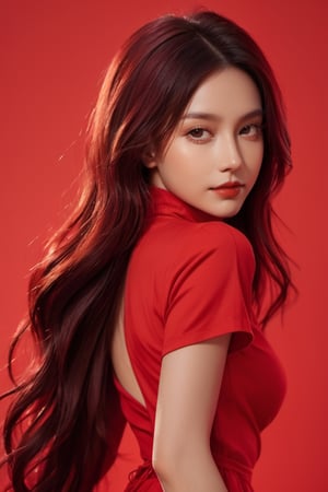 a woman in red is posing on a red  background, in the style of realistic fantasy artwork, hyper-realistic, very long hair,(smile:1.2),(full body:1.2),