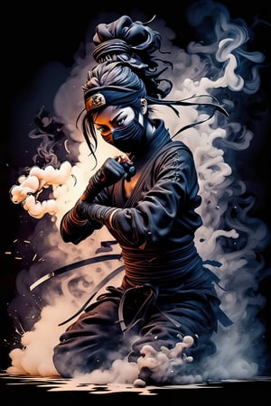 ink,ninja girl made of smokes, fighting pose, chaos, luminiscent, ink scenery