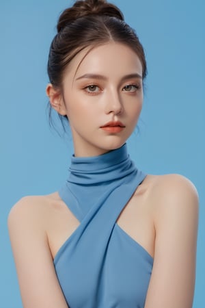 a woman in blue is posing on a blue background, in the style of realistic fantasy artwork, hyper-realistic