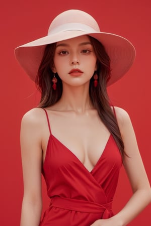 a woman in red is posing on a red  background, in the style of realistic fantasy artwork, hyper-realistic, very long hair, hat