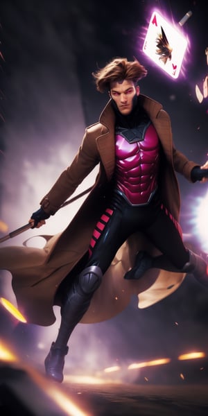 Gambit, Le Diablo Blanc, Remy Lebeau,  holding,weapon, bo staff, very tall, realistic legs movement, holding weapon, coat with realistic movement, glowing, glowing eyes, card, trench coat, magic, specular highlights, ((high speed moves, visible air traces)), fast paced dynamic scene, 60fps, Marvel, Capcom, Ufotable, realistic holding staff movement, realistic throwing cards movement, realistic legs movement, realistic Gambit face head and hair movement, realistic clothes with exceptional dynamic movement, light motion blur, 3d, motiontrail,High detailed , gravity bending, fisheye lenses effect, reality distortion