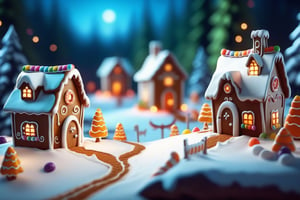 closeup of miniature gingerbread candy village, colorful, fantasy, fairytale, forest, halloween, snow, bokeh, depth of field 1 0 0 mm, cinematic scene, studio quality, unreal engine, octane render, trending on artstation,