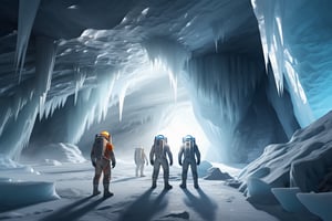 photo realistic space explorers standing in massive ice cave, volumetric lighting