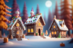 closeup of miniature gingerbread candy village, colorful, fantasy, fairytale, forest, halloween, snow, bokeh, depth of field 1 0 0 mm, cinematic scene, studio quality, unreal engine, octane render, trending on artstation,ZilleAI