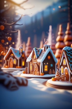 closeup of miniature gingerbread candy village, colorful, fantasy, fairytale, forest, halloween, snow, bokeh, depth of field 1 0 0 mm, cinematic scene, studio quality, unreal engine, octane render, trending on artstation,