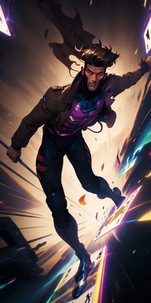 Gambit, Le Diablo Blanc, Remy Lebeau,  holding,weapon, bo staff, very tall, realistic legs movement, holding weapon, coat with realistic movement, glowing, glowing eyes, card, trench coat, magic, specular highlights, ((high speed moves, visible air traces)), fast paced dynamic scene, 60fps, Marvel, Capcom, Ufotable, realistic holding staff movement, realistic throwing cards movement, realistic legs movement, realistic Gambit face head and hair movement, realistic clothes with exceptional dynamic movement, light motion blur, 3d, motiontrail,High detailed , gravity bending, fisheye lenses effect, reality distortion